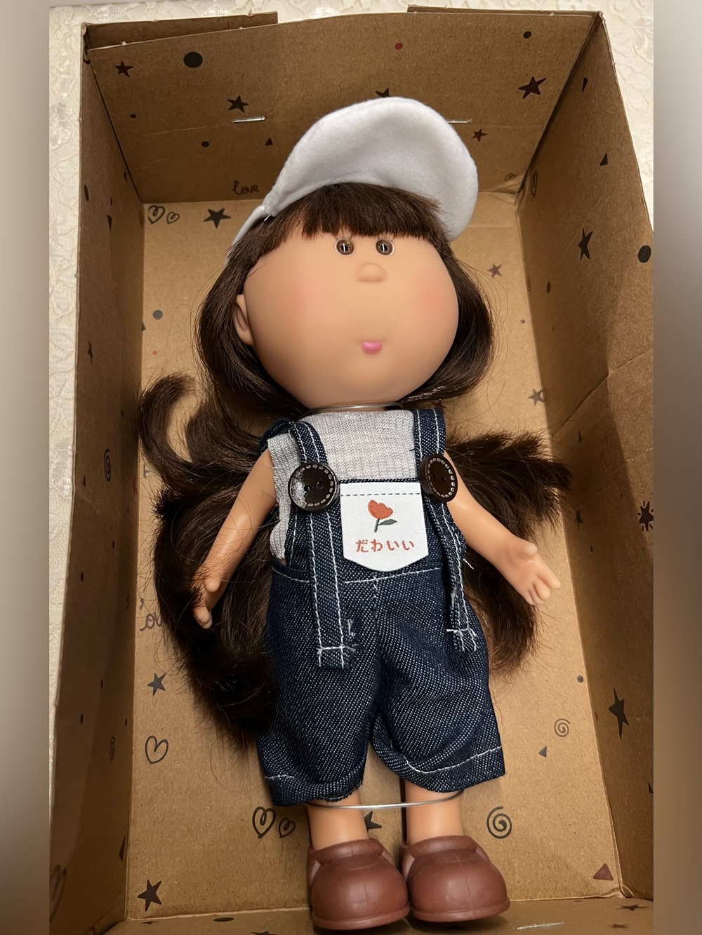 New, Mia Potato Fashion Doll with Brown Hair and White Cap - Cute Jean Overalls